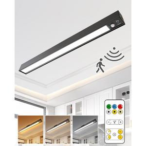 Rechargeable Motion Sensor Ceiling Light, Full Metal Battery Powered LED Closet Light, 3 Color 500LM Dimmable with Remote & Timer, Magnetic Cordless Mount for Shower, Hallway, Garage, Pantry -Black, 16'' Ceiling