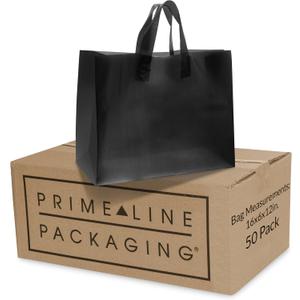 Prime Line Packaging Plastic Shopping Bags, Frosted Tote Bags with Handles for Small Business, Black Merchandise Bags, Retail, Boutiques, Bulk 16x6x12, 50 Pack