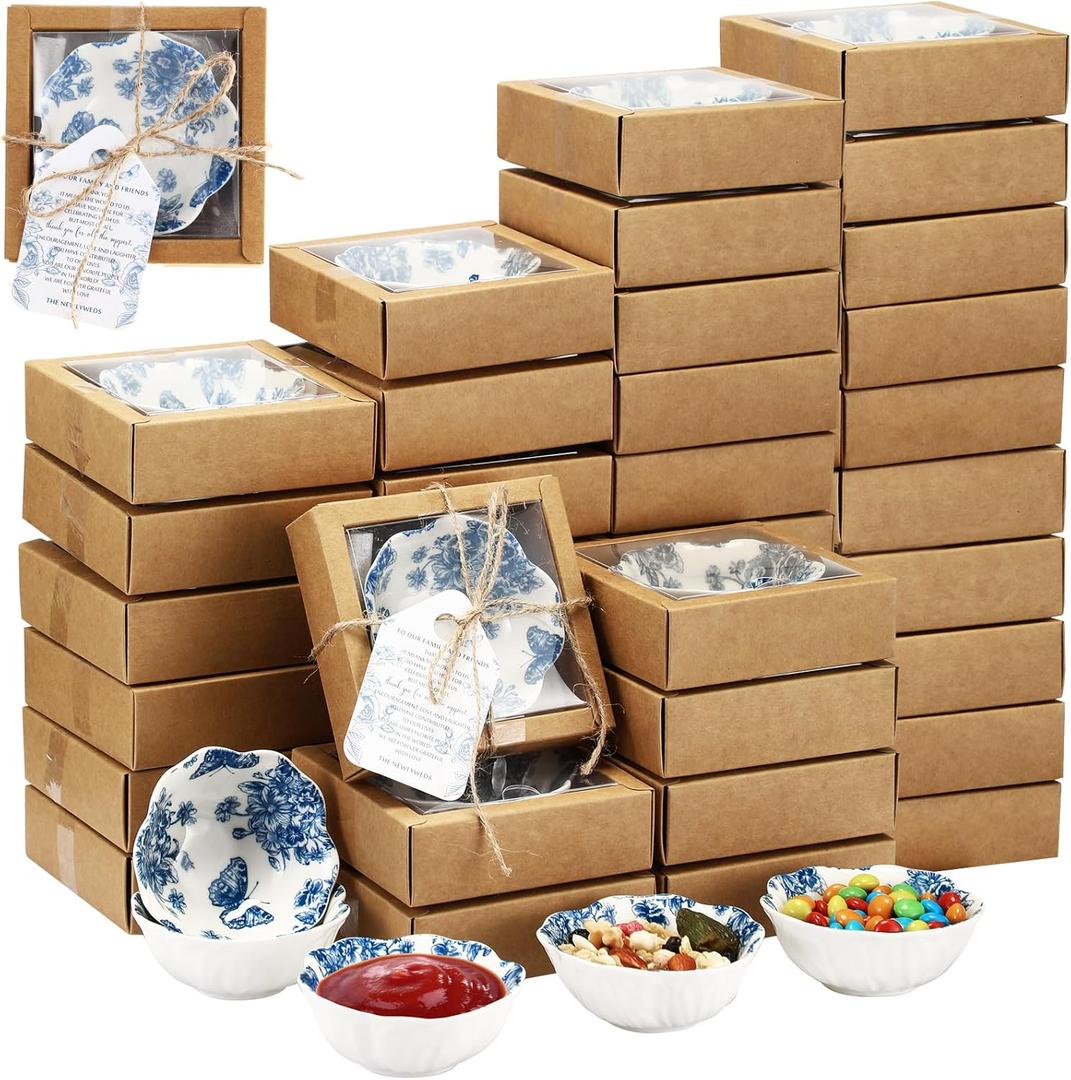 30 Pack Wedding Favors for Guests Small Ceramic Bowls Bulk Gifts Set 3.3 Inch Blue Floral Design Mini Dipping Bowl Sauce Dish with Cards Box for Party Shower Favor Souvenir (Classic)
