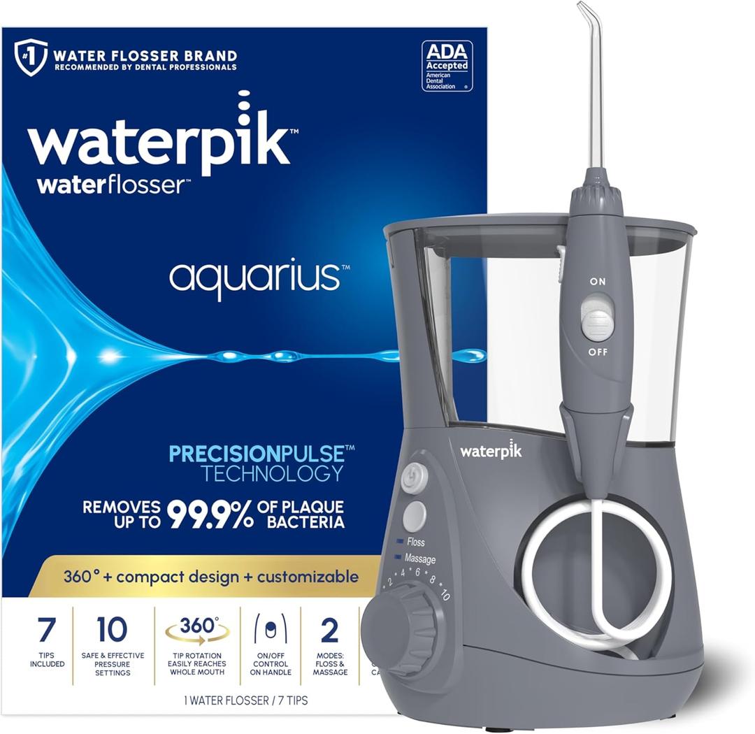 Waterpik Aquarius Water Flosser For Teeth Cleaning, Gums, Braces, Dental Care, Electric Power With 10 Settings, 7 Tips For Multiple Users And Needs, ADA Accepted, Gray WP-667