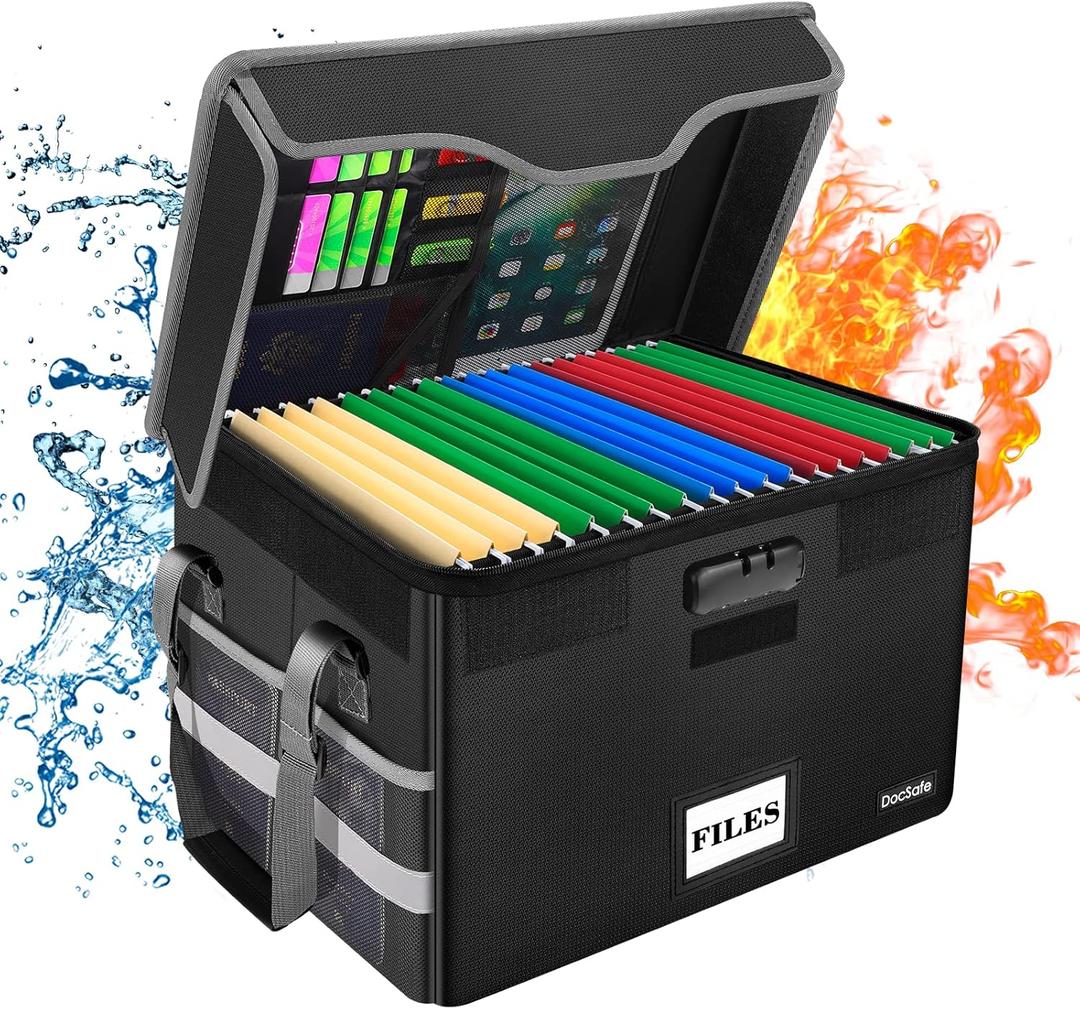 DocSafe Fireproof Document Box with Lock, File Storage Organizer with Mesh Pockets, Collapsible Portable File Box Home Office Safe Filing Cabinet with Handle for Hanging Letter/Legal Folder, Black (1 pack)