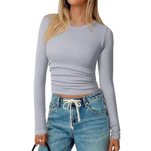 TOB Womens Shirts Long Sleeve Crew Neck Basic Fitted Crop Tops Casual Fashion T-Shirt for Women (Gray, S)
