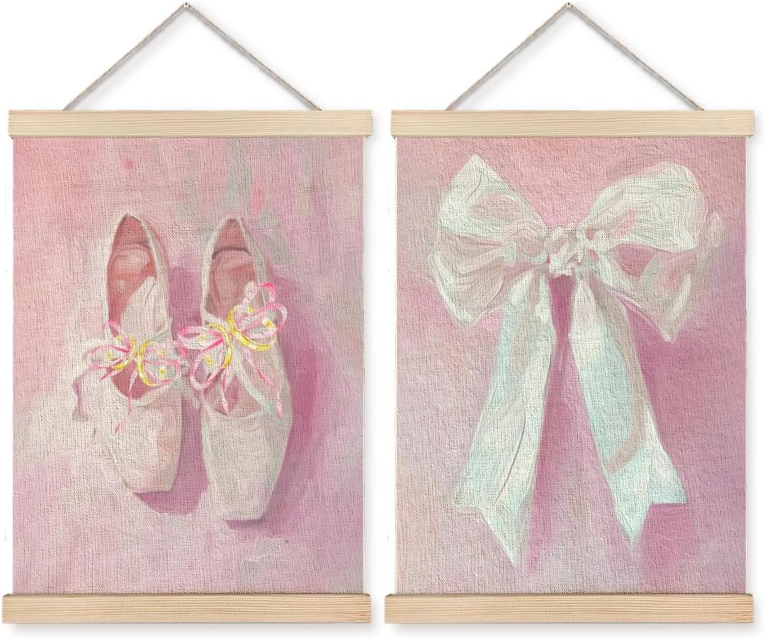 UNCDLV Coquette Pink Bow Ballerina Shoes Poster Hanger Frame, Pastel Preppy Girly Canvas Wall Art, Aesthetic Pink Ballet Wall Decor for Nursery Girls Room Dorm Apartment, 12x16 Inch Set of 2
