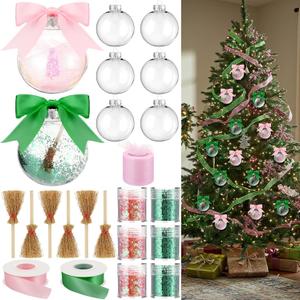 Sosation 12 Set Witch Christmas Ornaments for Christmas Tree 3.15 Inch Pink and Green Princess Party Decorations with Ribbon Brooms Clear Plastic Fillable Balls Mesh Roll Glitter for Xmas Tree Decor