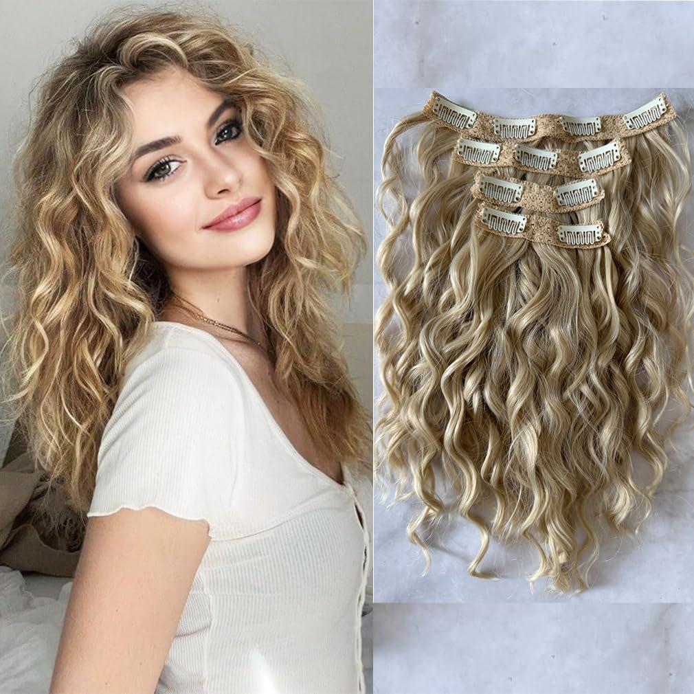 Blonde Clip-in Hair Extensions, 4PCS Hair Extensions 12" Short Curly Wavy Blonde Hair Extensions Invisible Lace Weft Natural Soft Hairpieces for Women