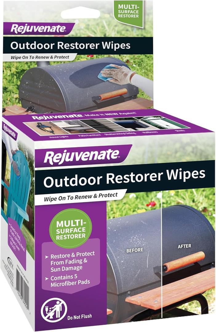 Rejuvenate Outdoor Restorer Wipes, 5 Count, Individually-Wrapped Pre- Saturated Microfiber Wipes Restore Faded and Weathered Surfaces Such As Patio Furniture, Shutters, Siding, Mailboxes And More