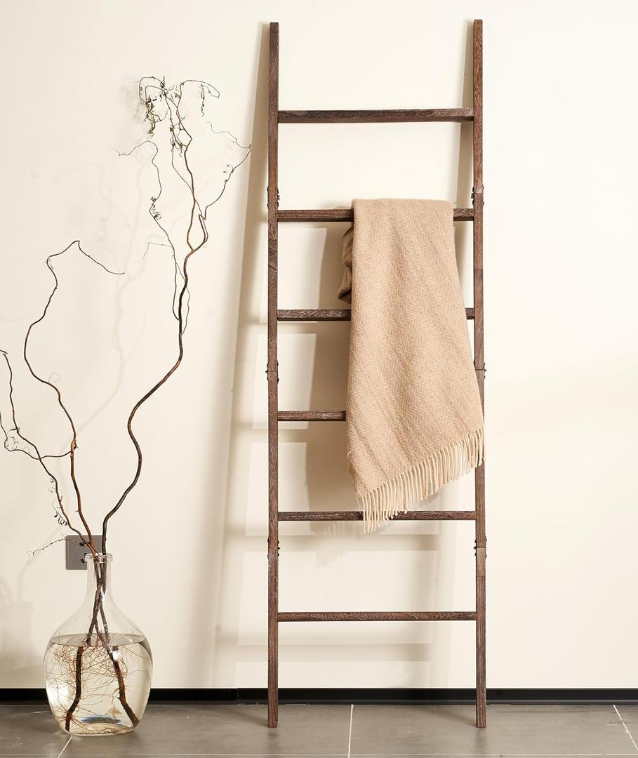 Blanket Ladder for The Living Room 6-Tier, Wooden Decorative Quilt Holder for Bed Room, Wall-Leaning Wood Towel Rack for BathroomRustic Farmhouse Ladders for Display. (Washed Brown)