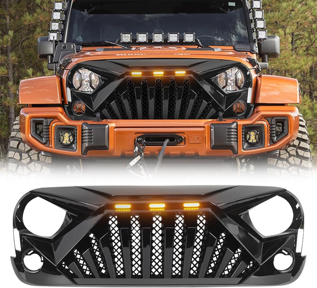 American Modified Heavy Duty ABS Plastic Goliath Grille Compatible with All 2007 to 2018 Jeep Wrangler JK with LED Amber Lights, Glossy Black