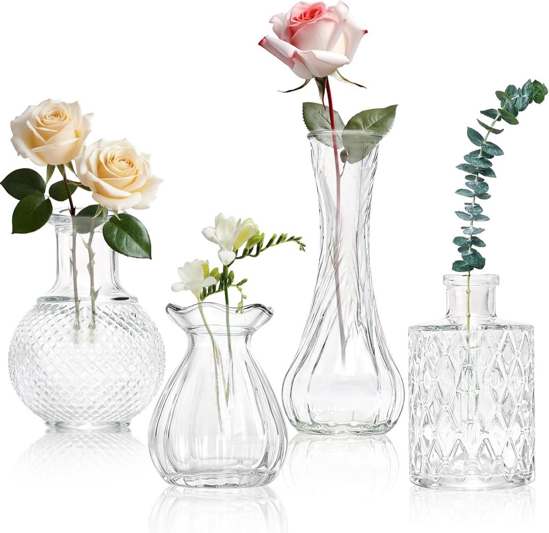 KJHL Set of 4 Small Glass Bud Vases for Flowers, Vintage Clear Small Flower Vases for Wedding CenterpiecesMini Bulk Vases for Floral Arrangements for Table Decor Home Decor