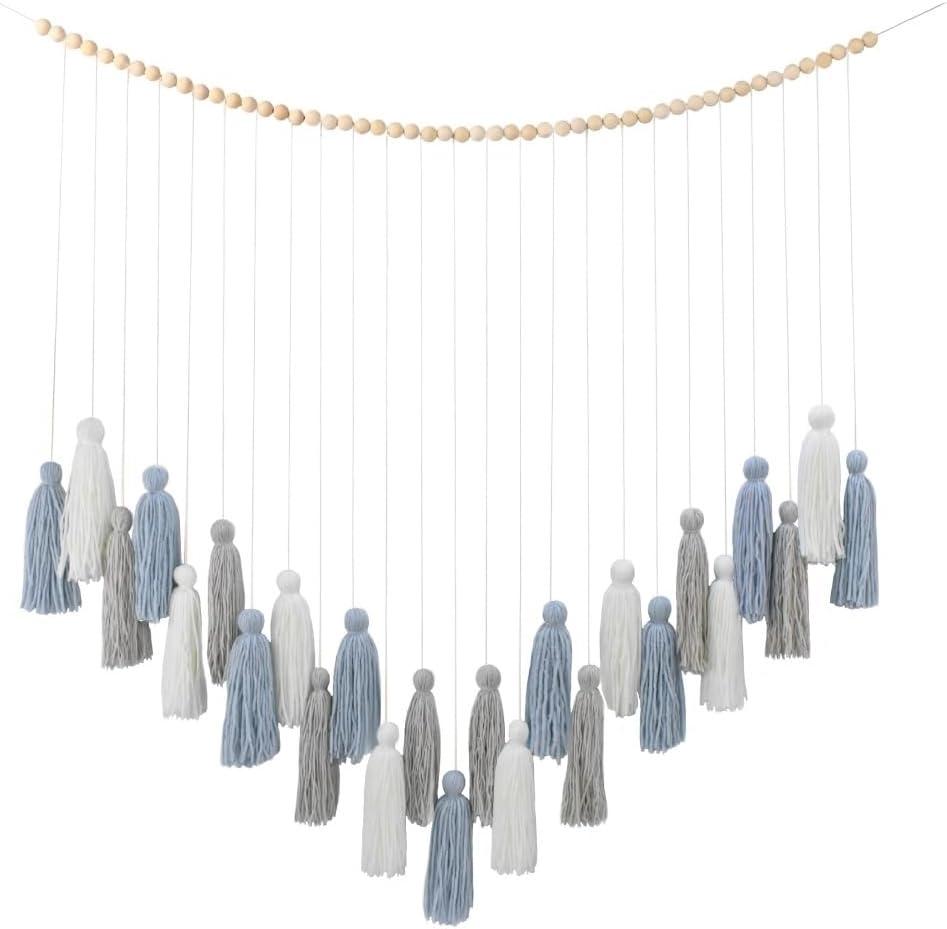 DrCor Dusty Blue Boho Macrame Garland  Serene Wall Hanging for Living Room, Bedroom or Reading Corner, Dorm Room or Study Decor, Coastal Boho Mantel or Entryway Decoration