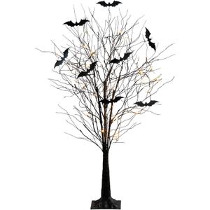 Nearly Natural 5ft Pre-Lit Black Twig Halloween Tree with Bat Decorations