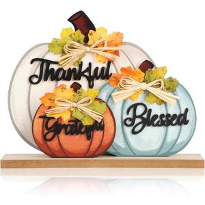3 Pcs Fall Pumpkin Decor Wooden Table Sign Thankful Blessed Grateful Tabletop for Autumn Farmhouse Vintage Thanksgiving Harvest Party Rustic Home Room Table Shelf Halloween Decorations (Large, Blue White Orange)