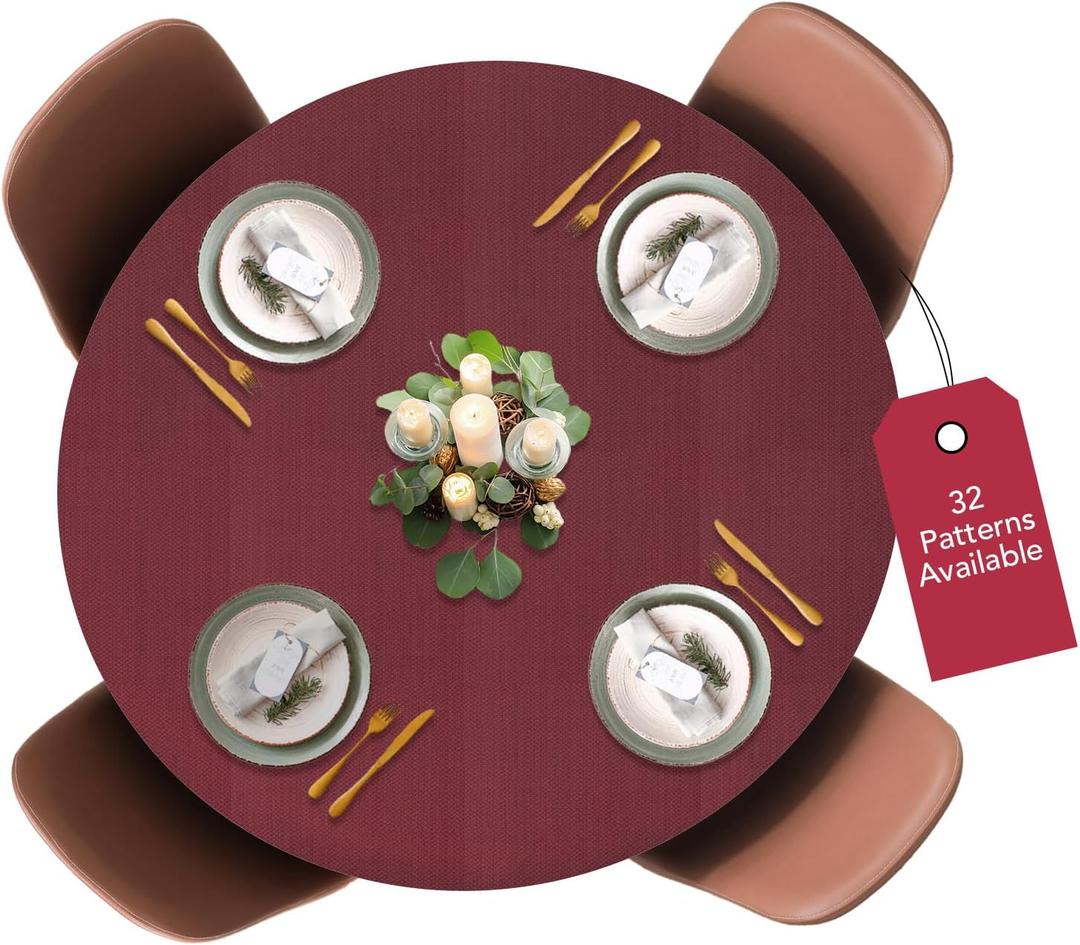 Covers For The Home Deluxe Elastic Edged Flannel Backed Vinyl Fitted Table Cover - Basketweave (Red) Pattern - Large Round Oblong Oval - Fits Tables up to 45" - 56" Diameter