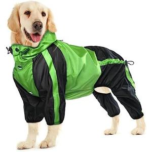 OUOBOB Lightweight Dog Rain Jacket, Adjustable 4-Legs Pet Poncho with Hood, Snow-Proof Dog Vest Rainwear, Rain Clothes Apparel with Leash Hole L-XL