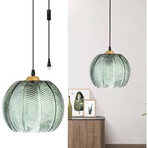 Plug in Green Glass Pendant Light Modern 7.8 Dia Striped Ribbed Globe Hanging Light Mid Century Metal Light Fixtures 14.76FT Switch Wire for Living Room Dining Room Kitchen Island Bedroom (Plug in,7.8")