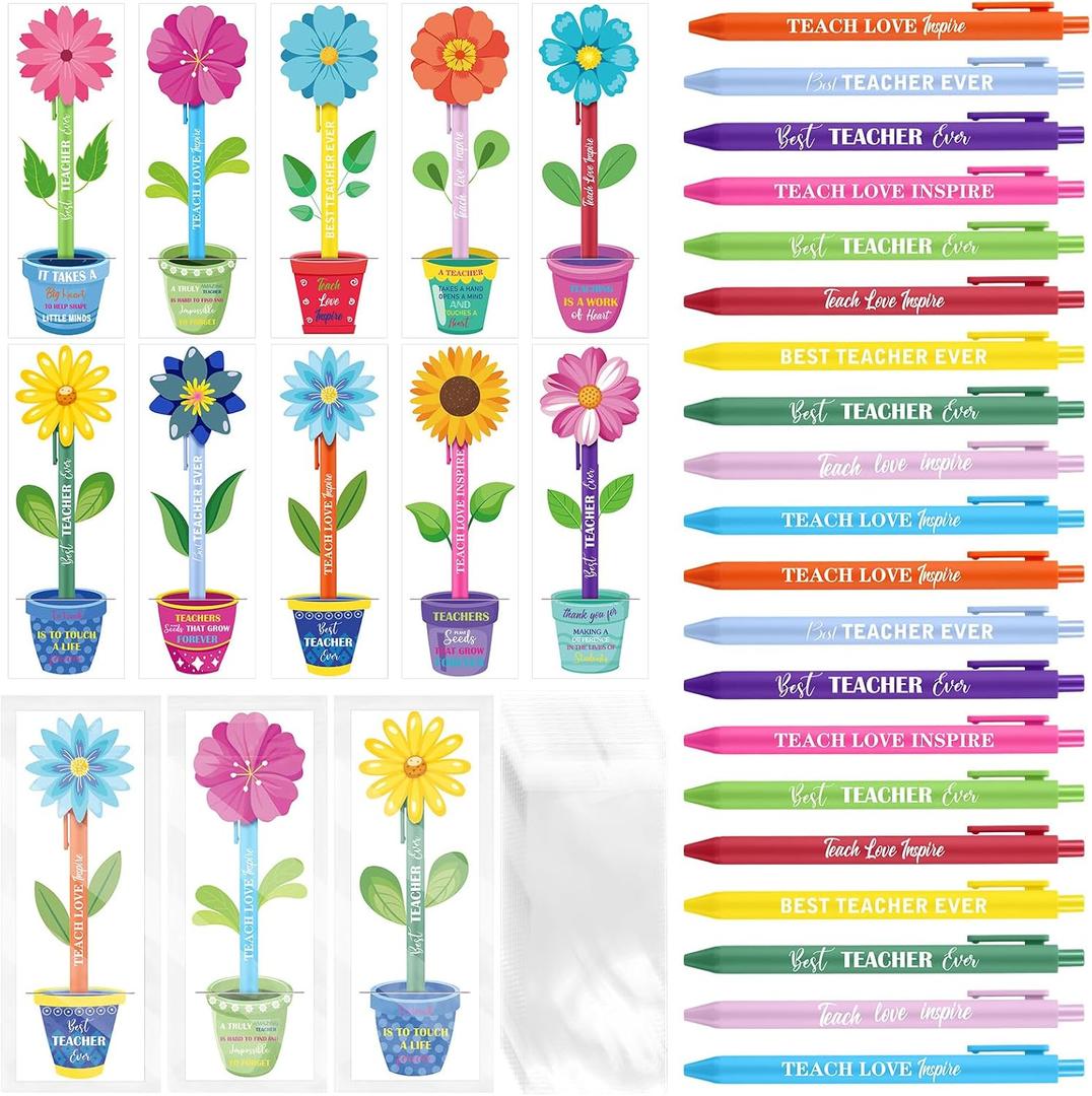 Fuyoooo 50 Set Teacher Appreciation Pens Bulk Thank You Gift Thank You for Helping Me Grow Inspirational Ballpoint Pens with Cards for School Office Supplies(Flowerpot)