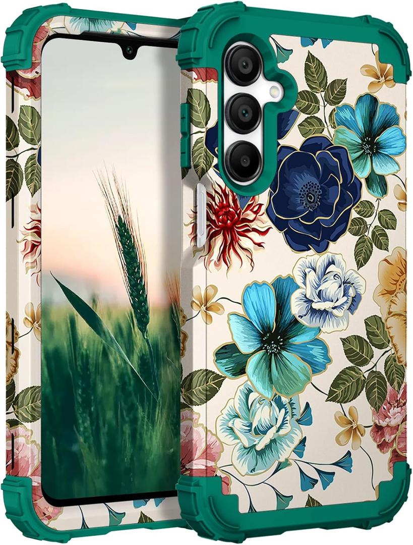 Hocase for Galaxy A16 5G Case, Heavy Duty Shockproof Protection Soft Silicone Rubber Bumper+Hard Plastic Hybrid Protective Case for Samsung Galaxy A16 5G (6.7") 2025 - Teal Flowers