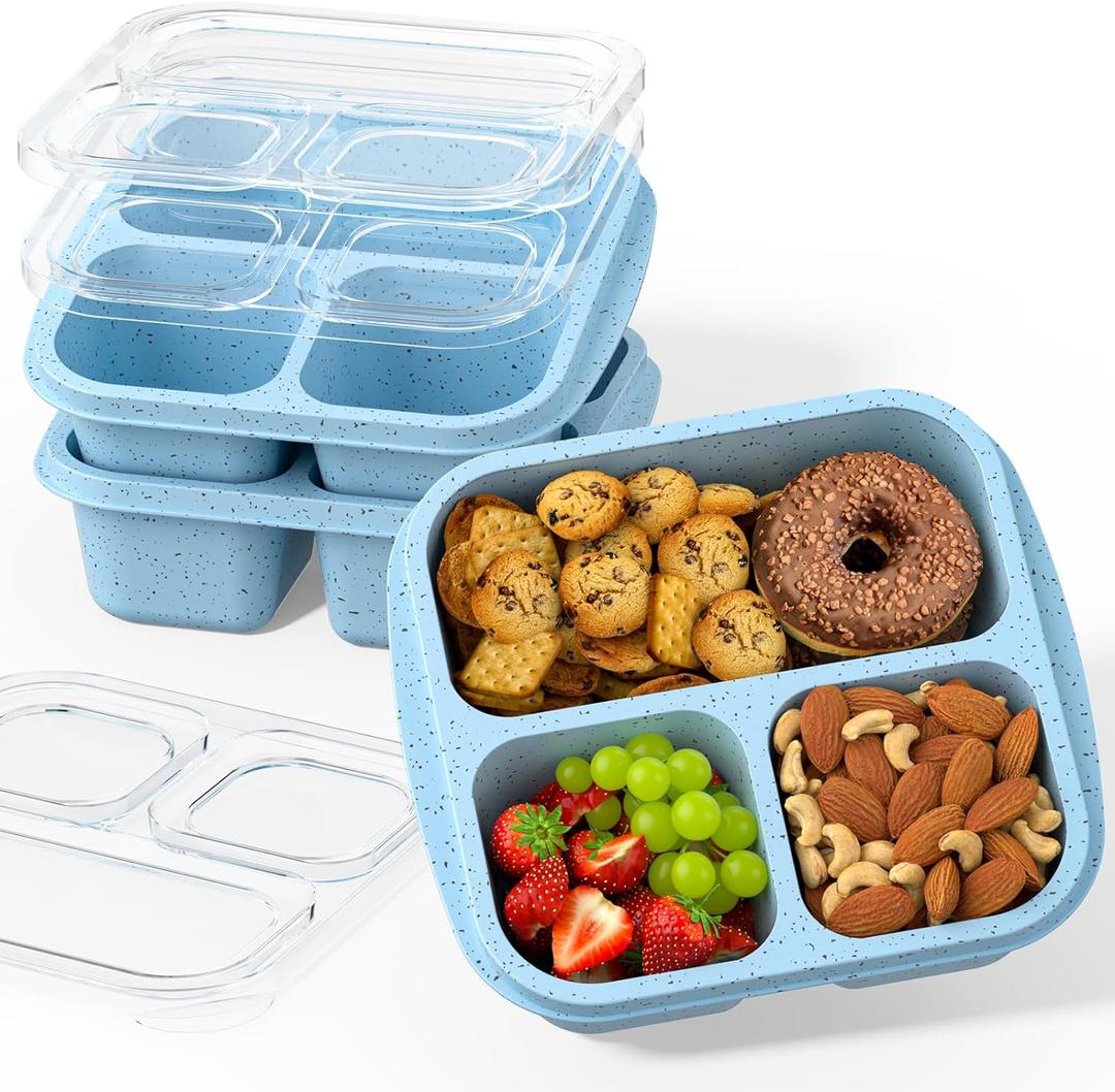 Snack Boxes (3 Pack) - Stackable Bento Boxes with 3 Compartments, Meal Prep Containers Reusable, Lightweight Lunch Containers for Kids and Adults, BPA Free (Blue)
