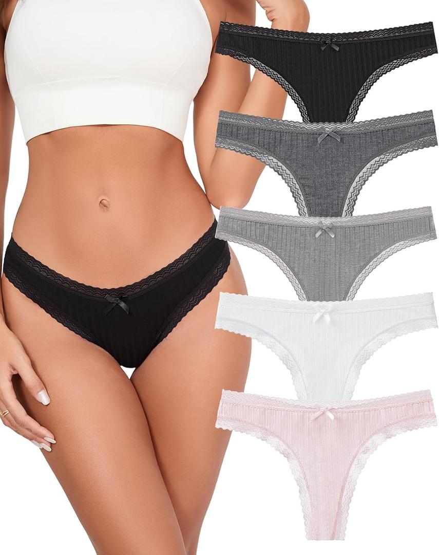 KNITLORD Super Soft Lace Thongs for Women Sexy T Back Womens Thong Underwear Lace Trim, Lady Breathable Viscose Panties No Show, 5 Pack XL