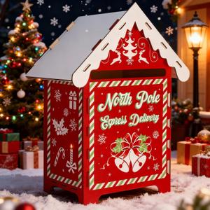 13.8 x 9 x 7 Inch Christmas Mailbox Letters to Santa Claus Wooden Red North Pole Delivery Mailbox Retro Outdoor Delivery Postbox for Home Classroom Gift Wish List Mantel Entryway Decorations
