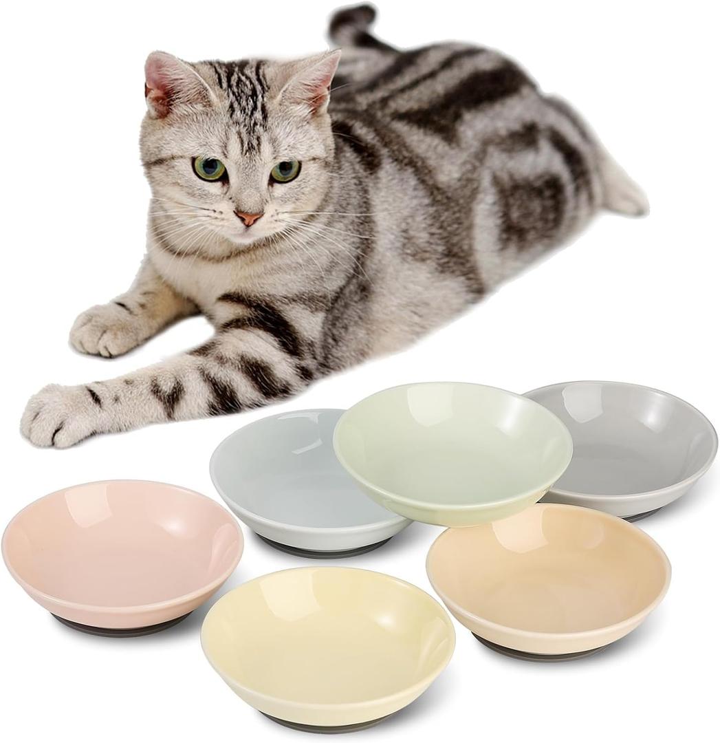 Ceramic Cat Food Bowl Set - 5.6 inch Colorful Cat Feeding Bowls with Non Slip Pads - Wide Shallow Whisker Friendly Plates Cute Dish - Microwave and Dishwasher Safe - 6 Pack - 5.3 oz