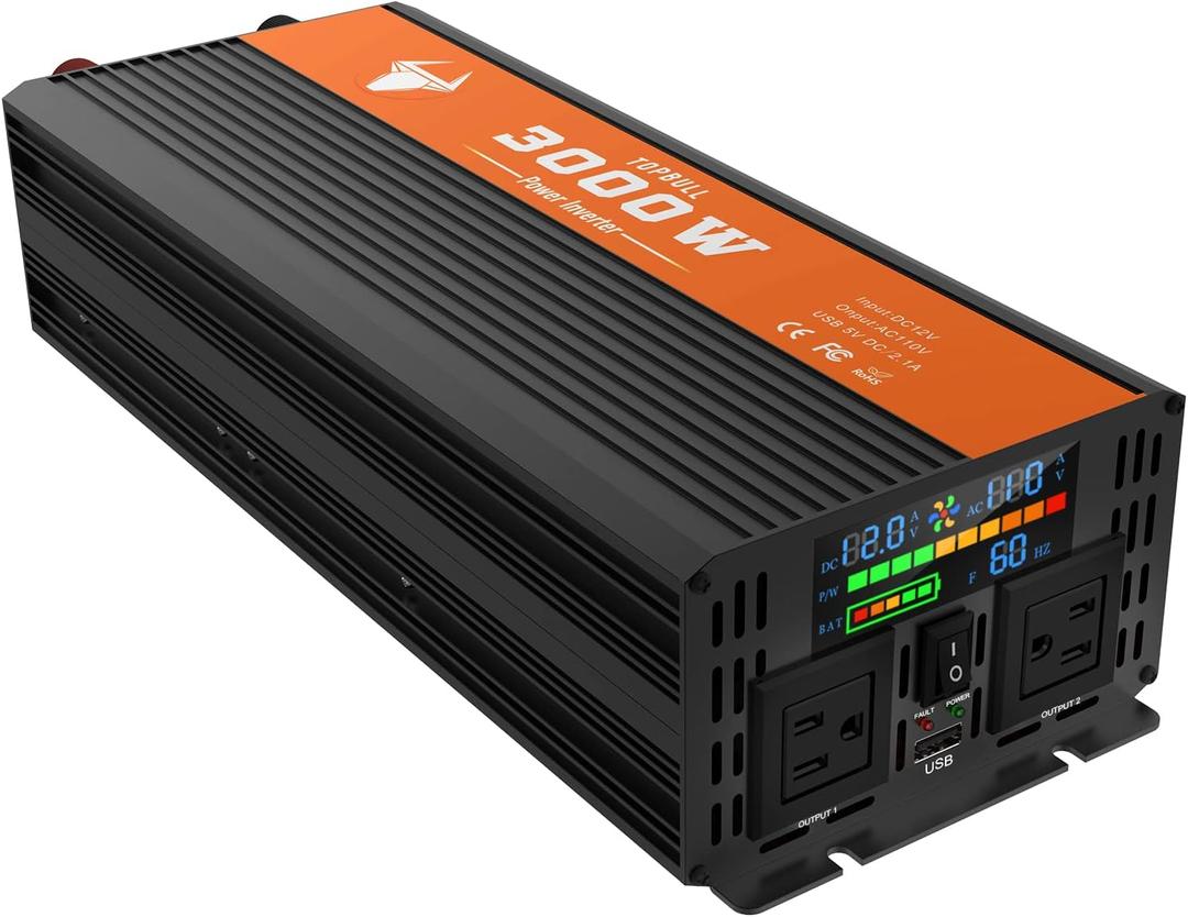 Power Inverter 3000 Watt, Car/Outdoor 12V DC to 110V AC Converter, with LED Display, Dual AC Outlets, USB Port, Dual Smart Fans, Cables Included, Suitable for RV, Outdoor, Camping, Boat, Emergency
