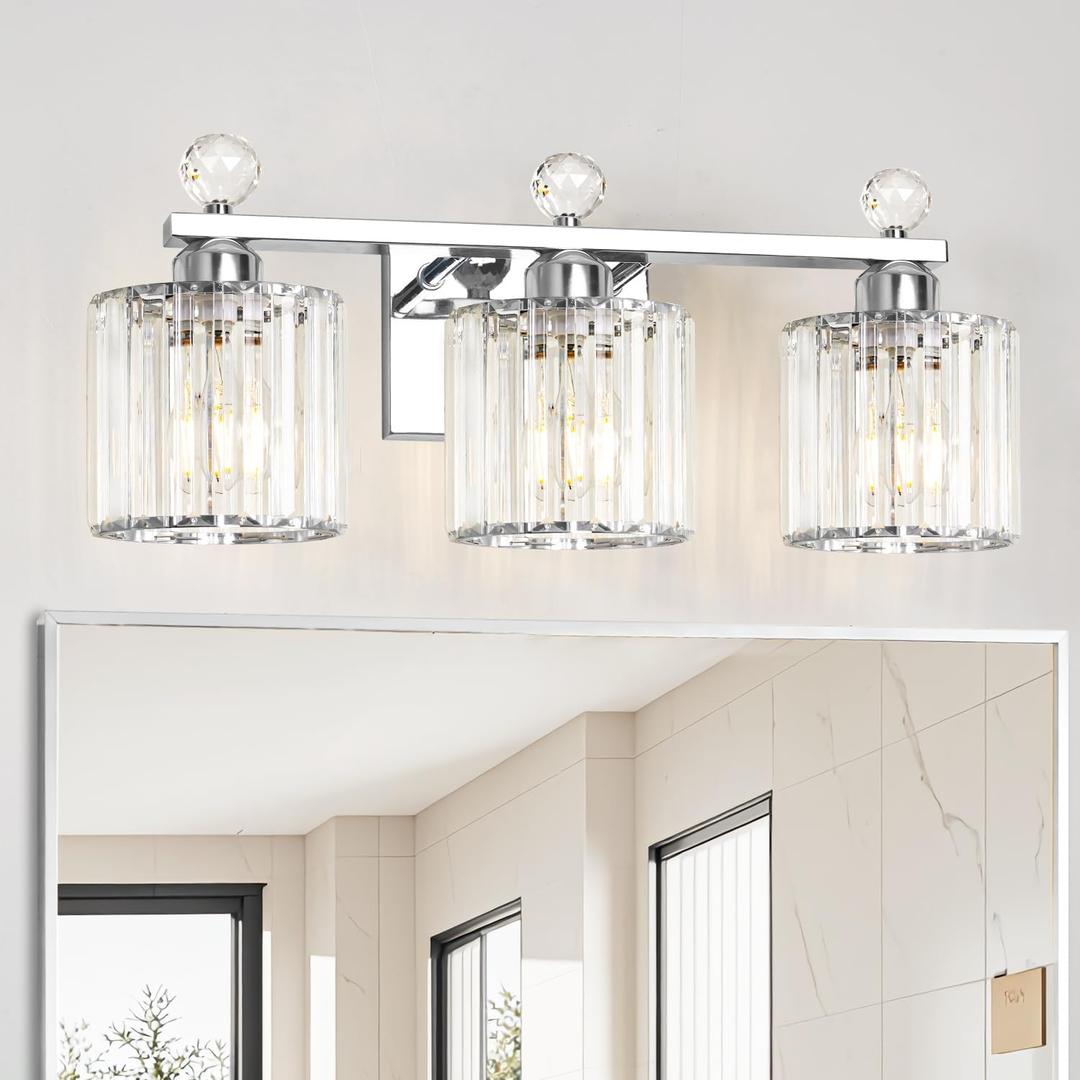 Modern Crystal Bathroom Vanity Light, 3-Lights Bathroom Light Fixtures, Chrome Vanity Light Fixtures over Mirror, Easy Installation & Dimmable Lighting, Crystal Wall Light Fixtures for Bathroom