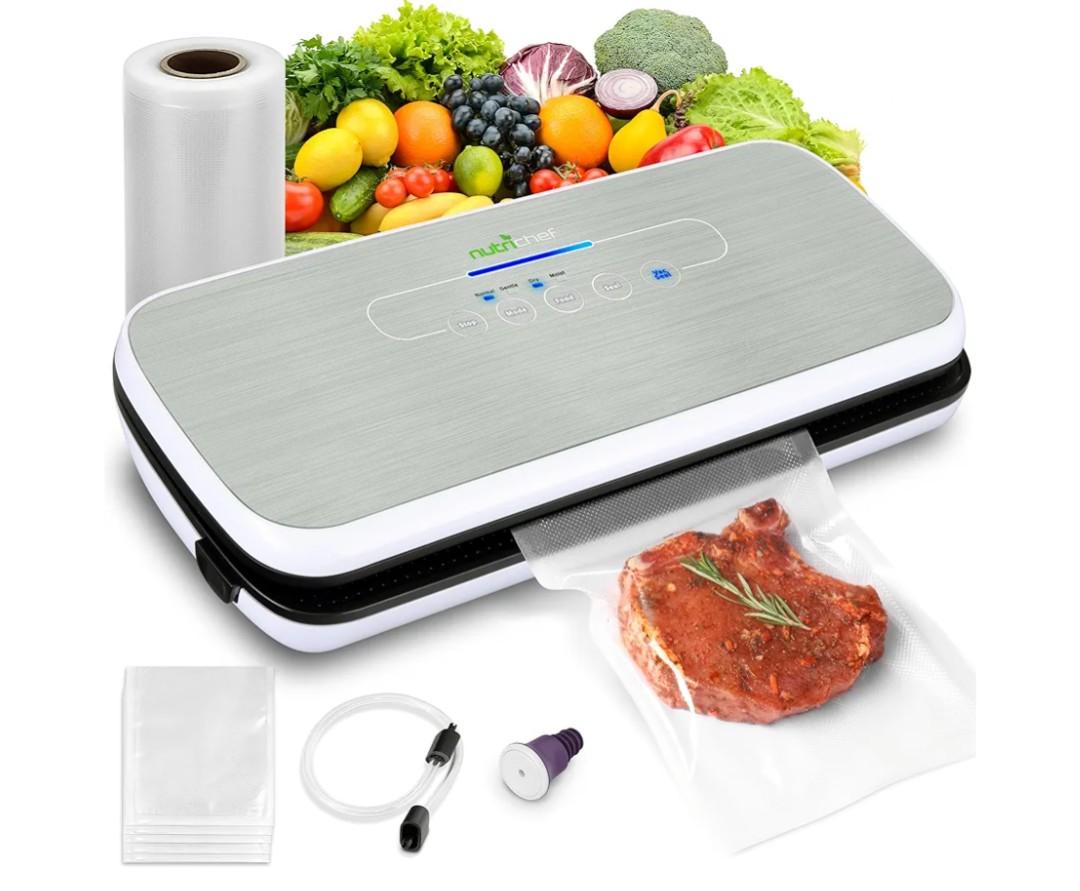 NutriChef Food Vacuum Sealer Machine - Automatic Air Sealing System for Dry & Moist Foods, LED Touch Controls, Includes Vacuum Bags, Hose & Wine Stopper, High Suction Power, 14"x6"x3", Silver