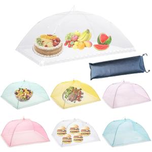 Food Covers for Outside Mesh,1 Pack 40"X24" Extra Large Food Net + 6 Pack Colorful 17"X17" Pop Up Mesh Food Tent Fly Covers Mesh Food Covers for Outdoors Picnic Pool Party BBQ Supplies