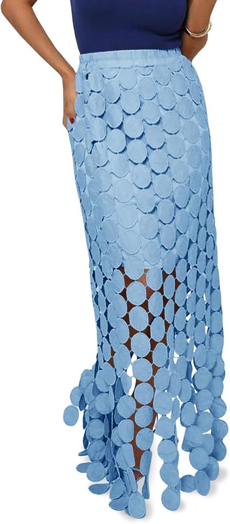 Cicy Bell Womens Hollow Out Maxi Skirts Summer High Waisted Boho Fringe Hem Long Skirt (Blue, S)
