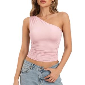 SUUKSESS Women Double Lined Going Out Trendy Crop Tops Ruched Sleeveless Shirts (Pink, M)