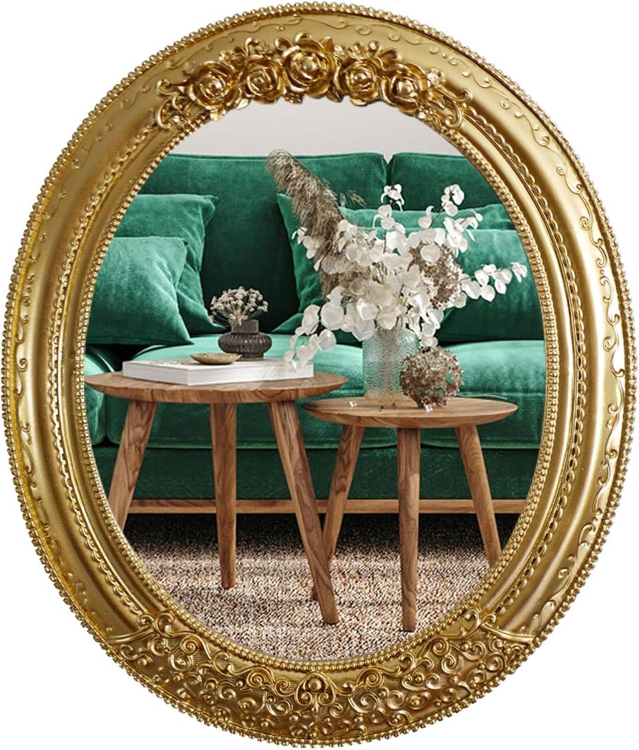 Oval Resin Vintage Mirror, Wall Mounted Decorative Mirror for Entryway, Hallway, Bedroom Oval Mirror 11.8x10 inch (Gold)