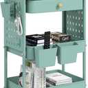 Danpinera 3 Tier Rolling Cart, Metal Utility Cart with Wooden Table Top & DIY Pegboard, Rolling Carts with Drawer, Storage Cart Craft Cart with Hooks & Hanging Cups for Kitchen, Bathroom, Office