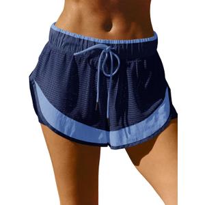 Fisoew Women Athletic Shorts 2 in 1 Running High Split Color Block Workout Yoga Mesh Shorts Pocket Drawstring (Blue, L)