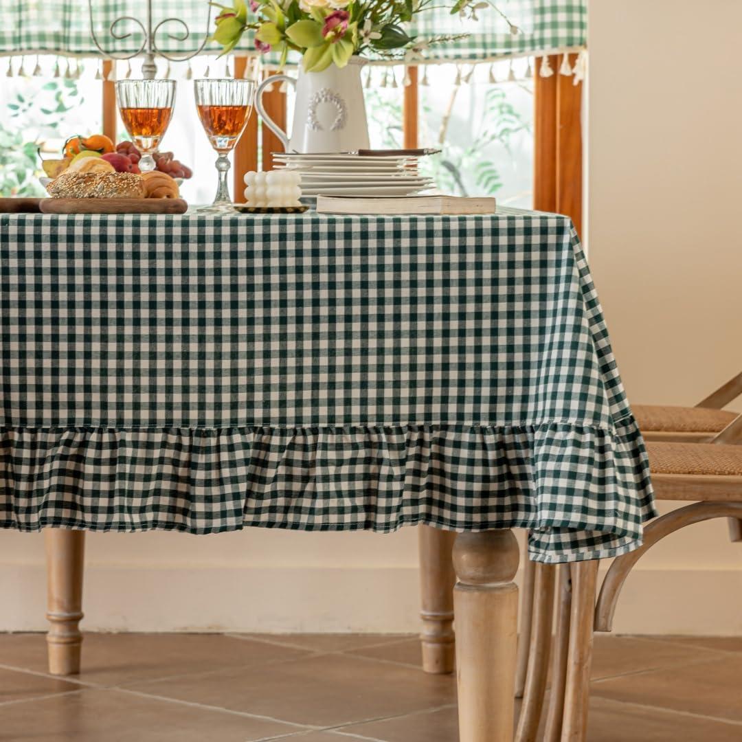 Green Plaid Ruffled Table Cover Linen Rectangle Gingham Tablecloth Classic Farmhouse Vintage Checkered Table Cover Decorative Buffalo Plaid for Home Holiday Party 102 x 60Inches
