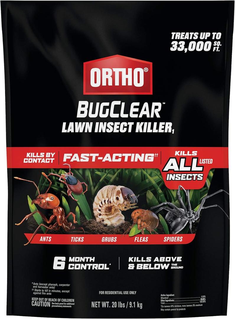 Ortho BugClear Lawn Insect Killer1 - Lawn Bug Killer Granules, Kills Ants, Spiders, Ticks, Fleas, & Grubs, Treats up to 33,000 sq. ft., 20 lb.