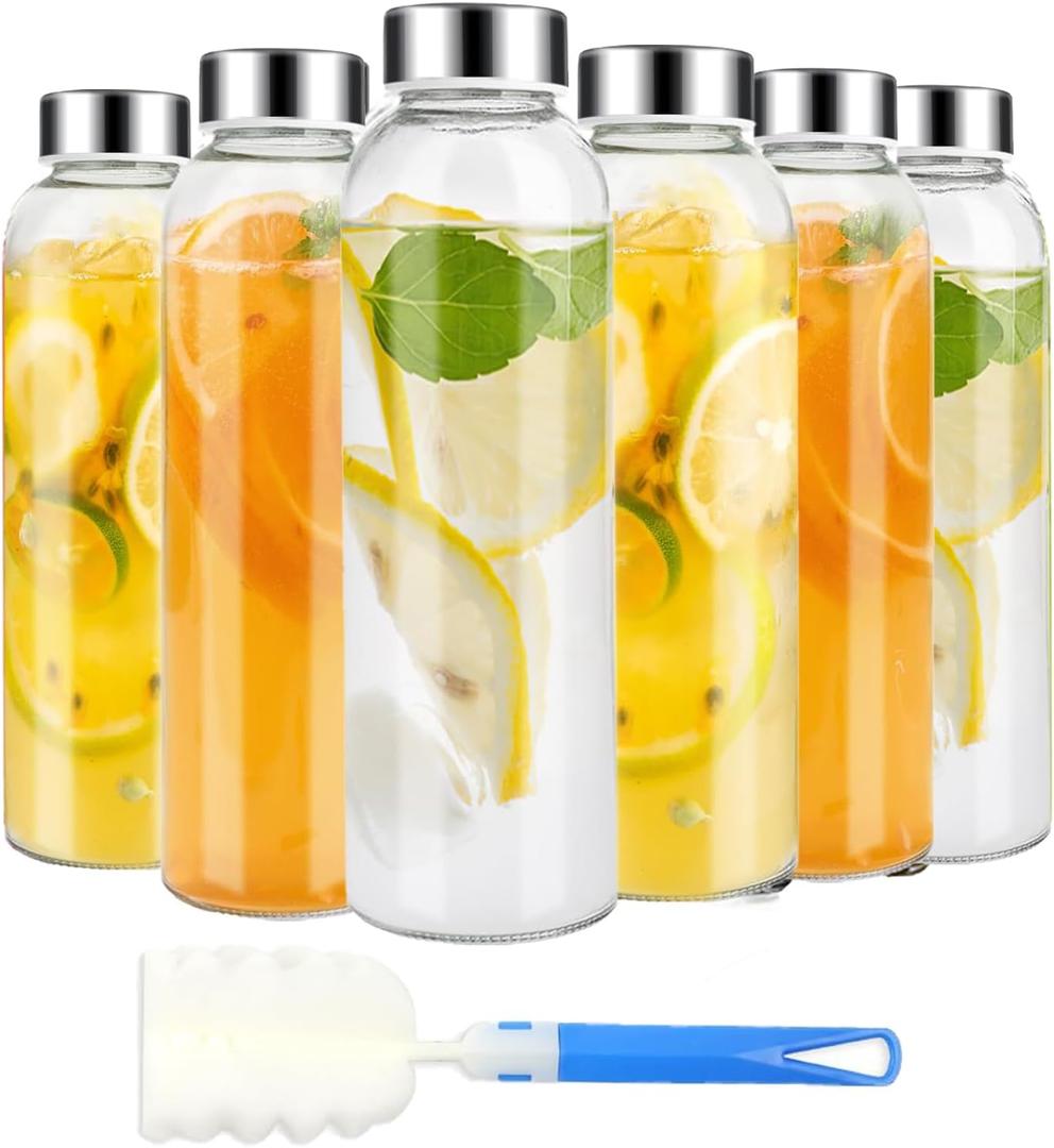 Clear Glass Bottles 18oz Reusable Glass Water Bottle | with Lids, 6pcs Set, with Stainless Steel Cap, 100% Leak Proof, Can be Used for Fruit Juice, Tea, Water
