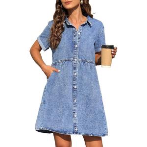 KDF Denim Dress for Women with Pockets Short Sleeve Babydoll Denim Shirt Dresses for Women 2026, Light Blue, L