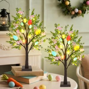 DR.DUDU Easter Decor Set of 2 Lighted 24 Inch Artificial Tree with Easter Eggs & Colorful LED Lights, Light Up Tabletop Bonsai Tree for Table Home Holiday Spring Decor