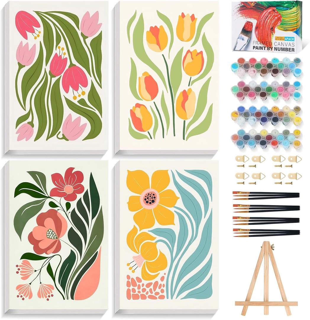 4 Pack Paint by Numbers Kit for Adults with Frame Flower Easy, Framed Paint by Number for Adults Beginner with Wooden Easel, Floral DIY Painting by Numbers Canvas Framed for Home Decor 8 x 12 Inch