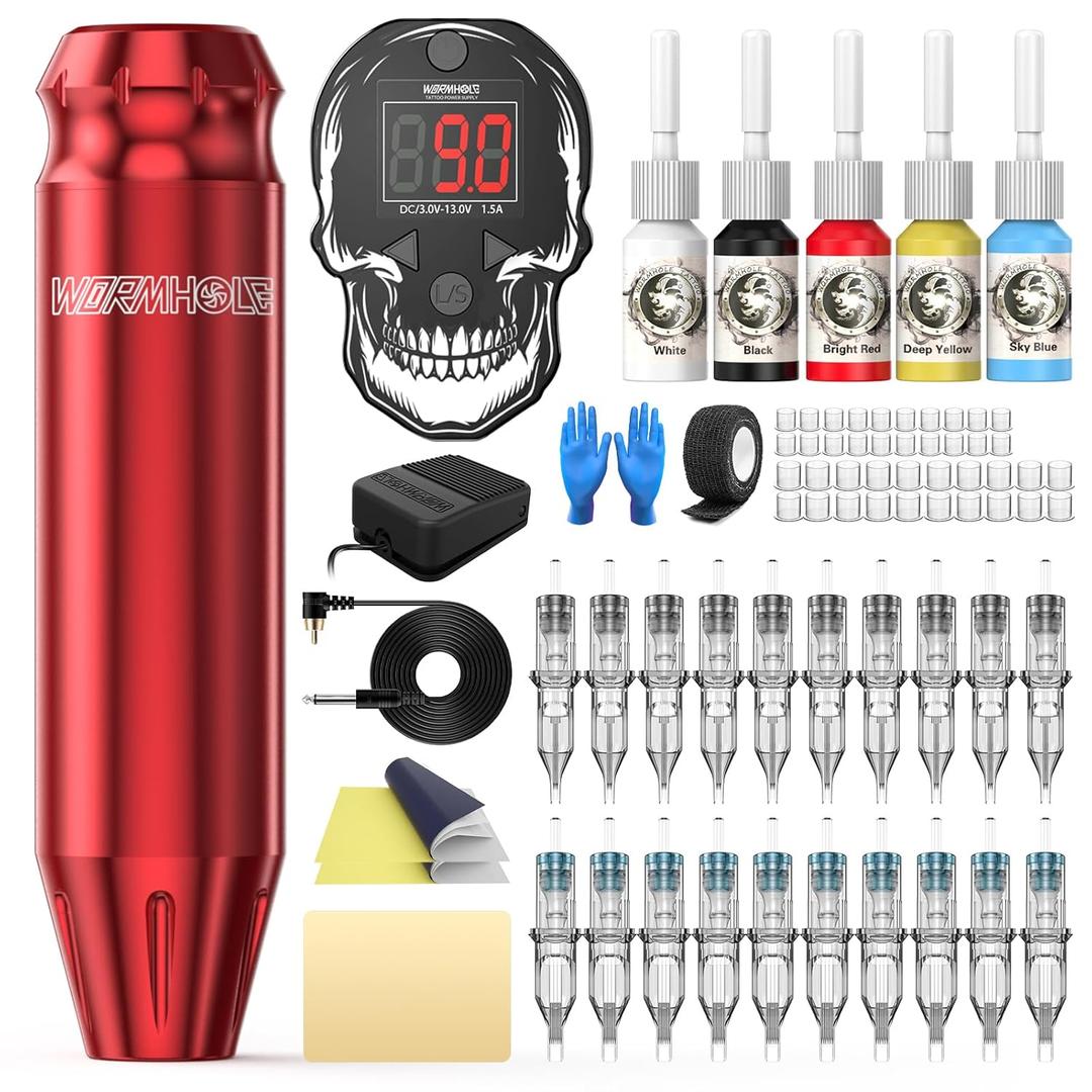 Tattoo Gun Kit Wormhole Tattoo Kit Complete Tattoo Machine Kit Rotary Tattoo Practice Machine Kit 20 Tattoo Needles 5 Tattoo Ink 40 Tattoo Ink Caps for Beginner and Tattooist WTK212