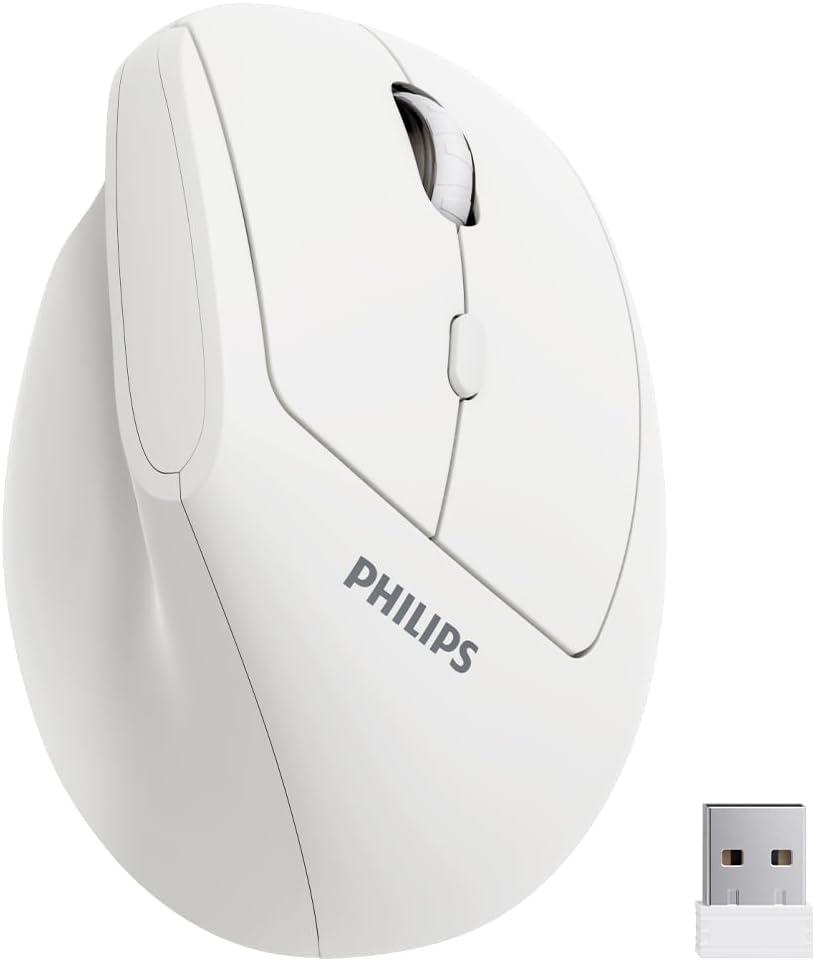 PHILIPS Ergonomic Mouse - Vertical Mouse with 800/1200/1600 Adjustable DPI, 6 Silent Buttons, Auto Power Saving,Light Weight,2.4GHz Wireless Mouse for Laptop,Desktop, PC- White