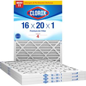 Clorox 16x20x1 Air Filter, MERV 11 Pleated HVAC AC Furnace Air Filters, MPR 1000 & FPR 7  Pack of 4