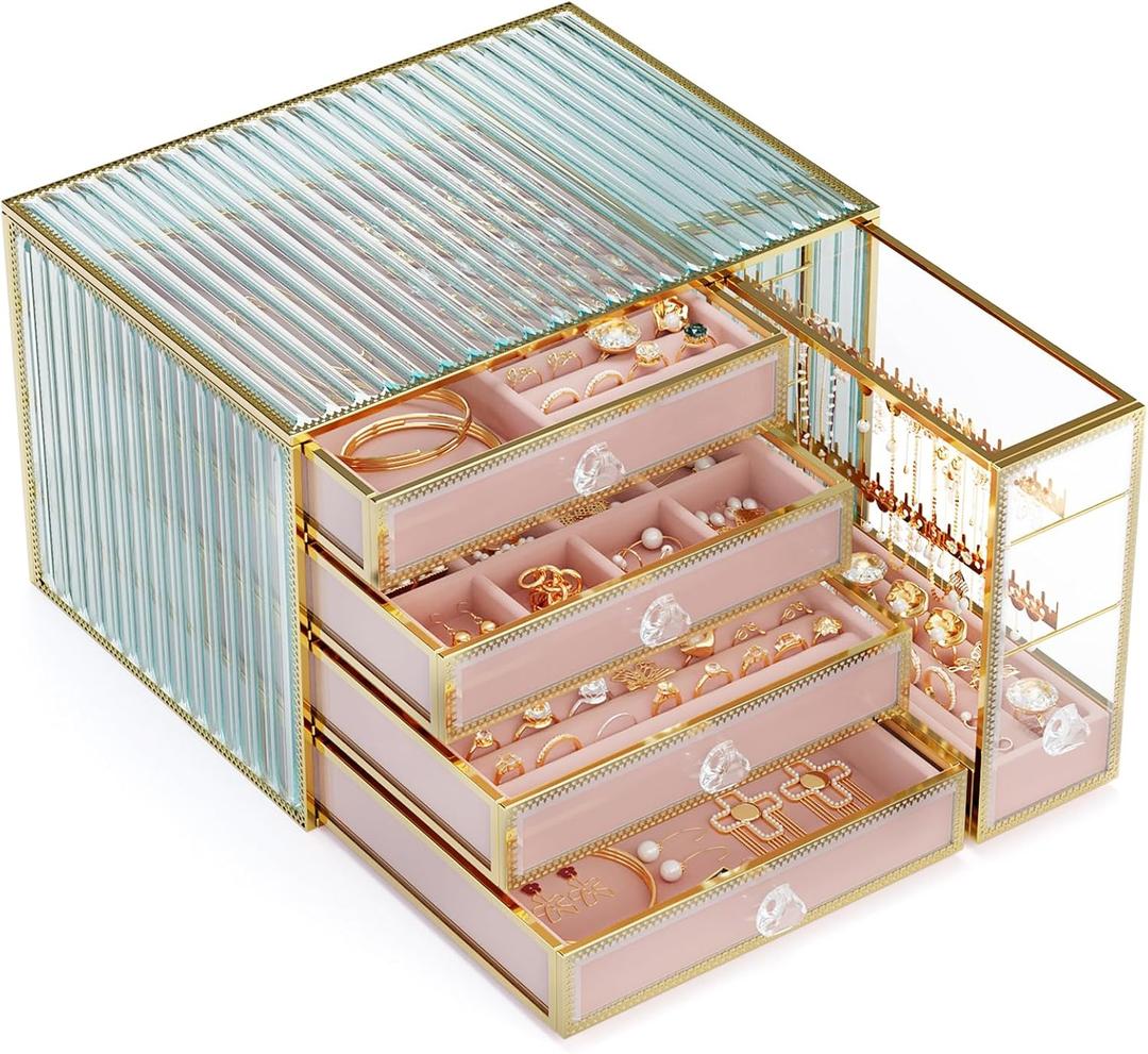 Youdepot Jewelry organizer box-Tempered Glass 5-Drawer jewelry boxes for women, Large Jewelry Boxes & Organizers With Velvet Necklaces Earring Organizer. (pink)