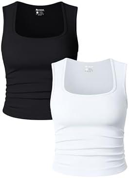 OQQ Womens 1 Piece Crop Tops Rueched Sleeveless Square Neck Stretch Basic Tank Shirts, S