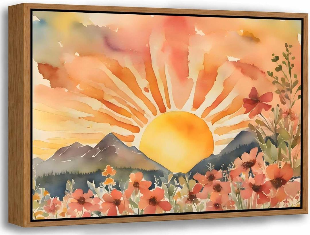 Framed Boho Sun Canvas Wall art | Abstract Bohemian Sunset in The Mountains Wildflowers Sunrise Landscape Picture Wall Decor Print Artwork for Living Room, 24"L x 16"W
