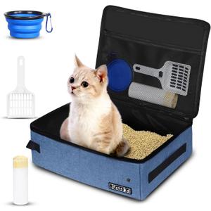 Petskd Portable Cat Travel Litter Box with Lid and 10 pcs Disposable Liner Bags, Leak-Proof and Collapsible, Cat Travel Essentials for Car, Hotel, Airplane and Other Outdoor Use(Blue) (Small)