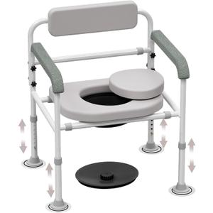 Adjustable Medical Bedside Commode Chair with Padded Backrest, Height Adjustable, Drop Arm Support