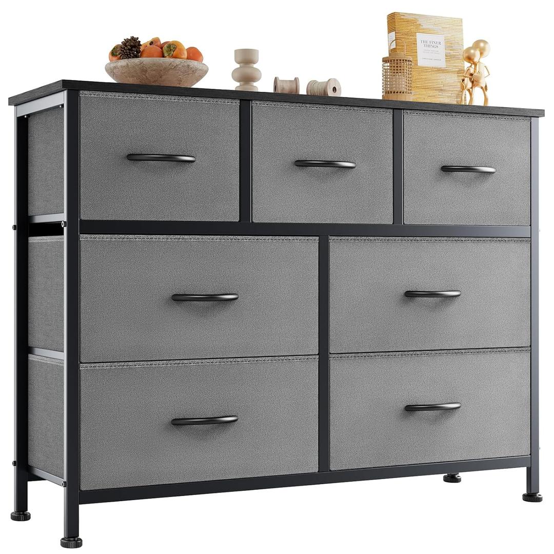 NEWBULIG Dresser for Bedroom, Grey Dresser and TV Stand with 7 Storage Drawers, Dressers & Chests of Drawers with Fabric Bins, Sturdy Metal Frame, Wood Tabletop for Closet, Clothes Organizer (11.9"D x 31.5"W x 39.4"H (7 Drawers))