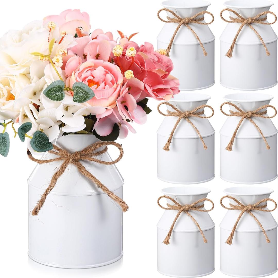 Domensi 6 Pcs Farmhouse Metal Flower Vase Wedding Decor Bulk Rustic Galvanized Milk Can Jug Vase with Bow Flower Bucket for Table Centerpiece Valentine Home (5.12 Inch,White)